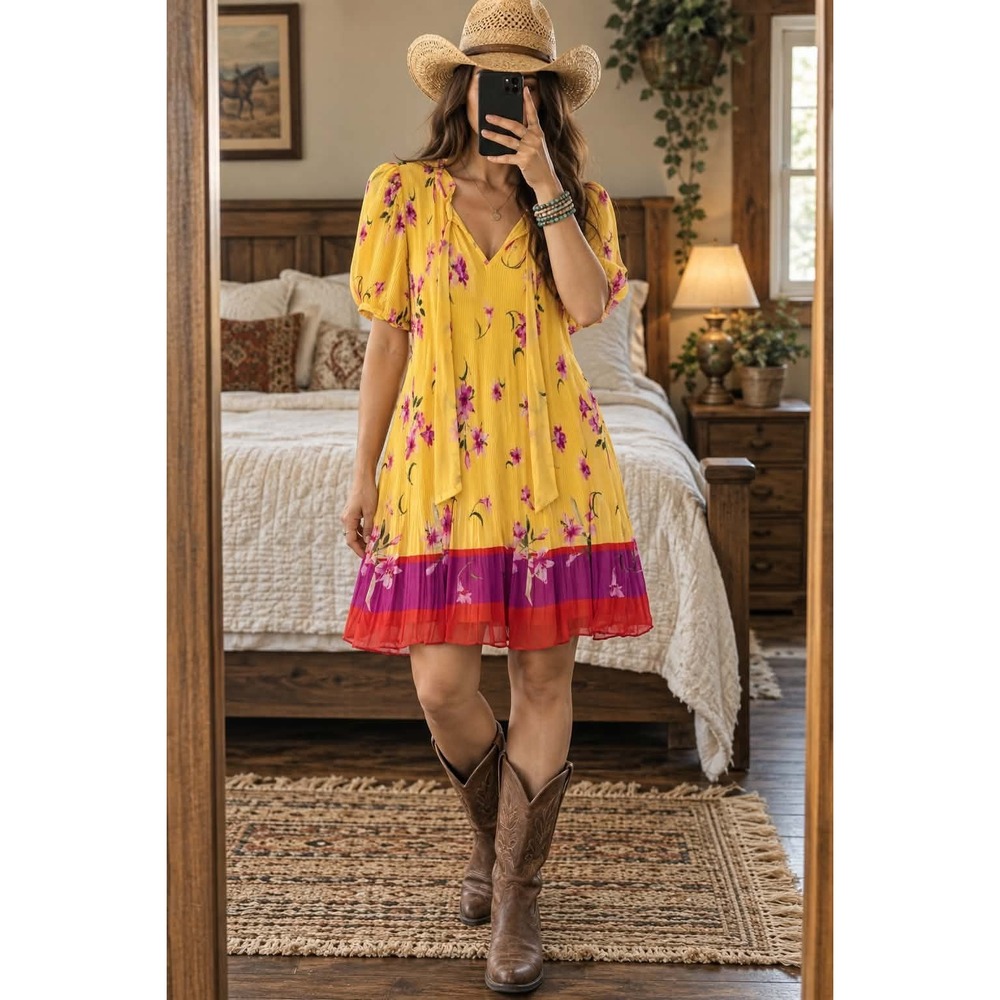 DKNY Women's 16 XL Yellow Floral Pleated V-Neck Colorblock Short Dress